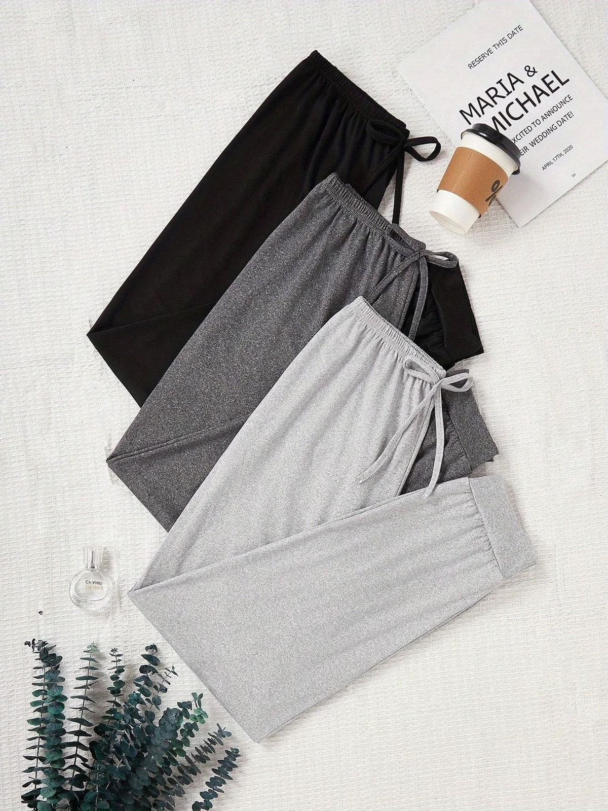 A New Minimalist Three-Color Set of Casual Women'S Pants with a Drawstring Waist, Perfect for Autumn. These Loose-Fitting Solid Home Pants Make a Great Gift